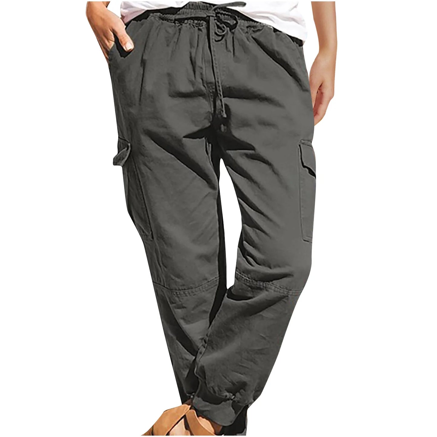 Long Pants for Women Trendy Women plus Size Drawstring Casual Solid Elastic Waist Pocket Loose Pants Gray L JE
