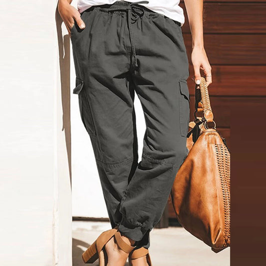 Long Pants for Women Trendy Women plus Size Drawstring Casual Solid Elastic Waist Pocket Loose Pants Gray L JE